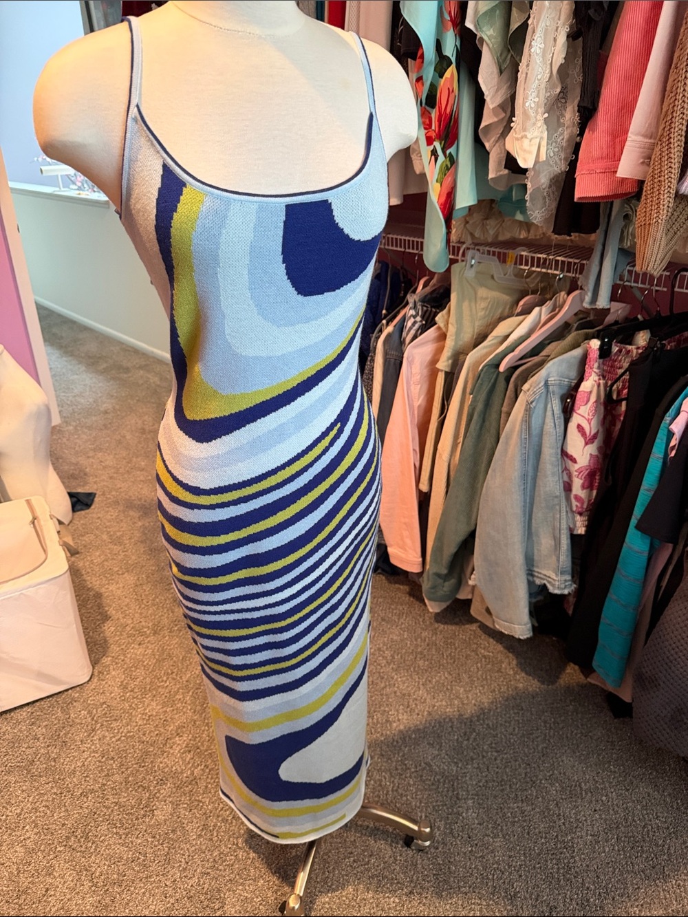 Sleeveless Midi Knit Dress in Blue and Yellow Abstract Print